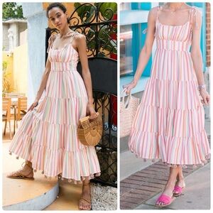 CHICWISH NWT Rainbow Striped Summer Ribbon Tassel Straps Tiered Large Maxi Dress